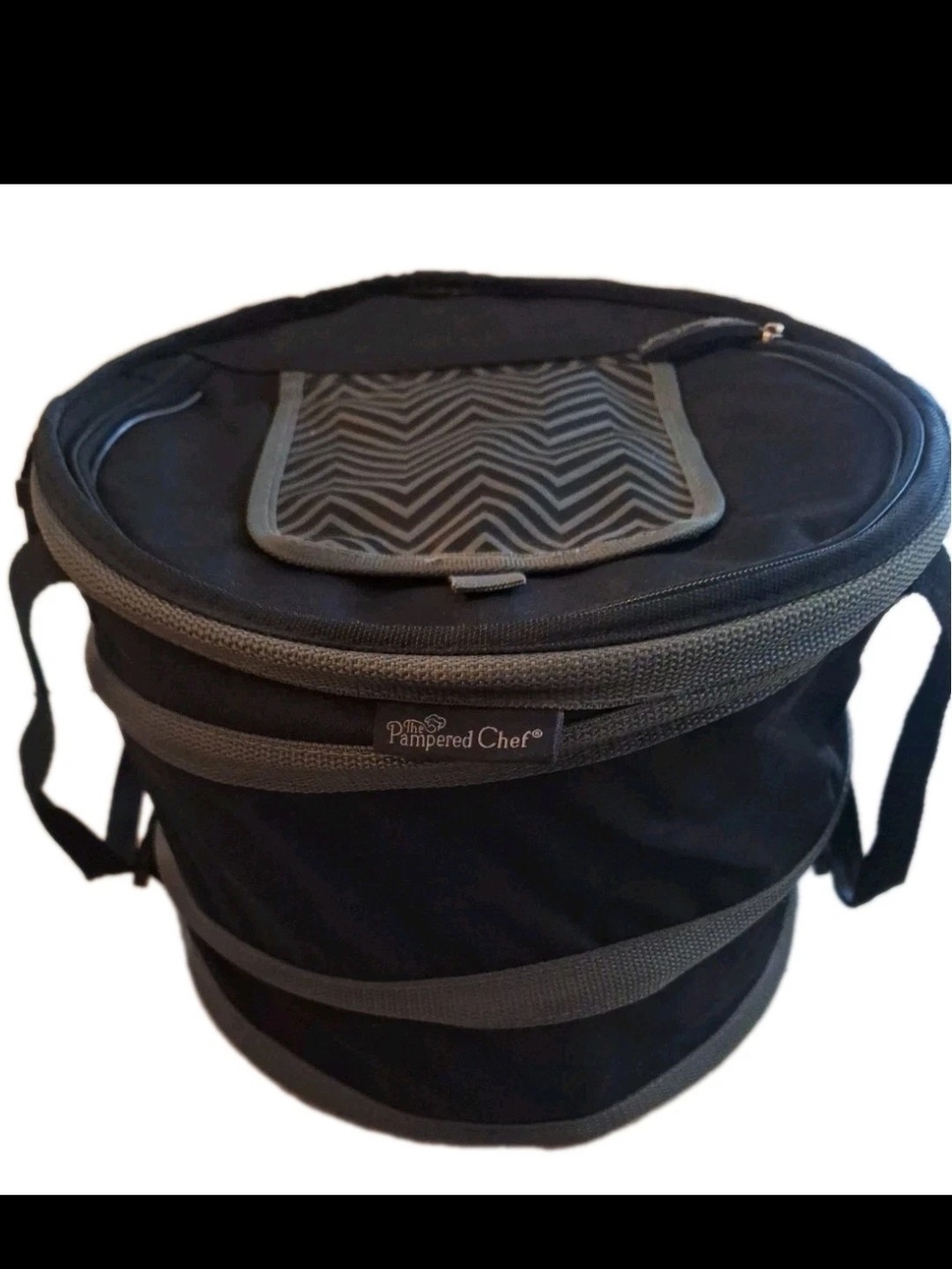 Pampered Chef Collapsible Cooler Bag Insulated Pop Up Round Picnic Travel Black